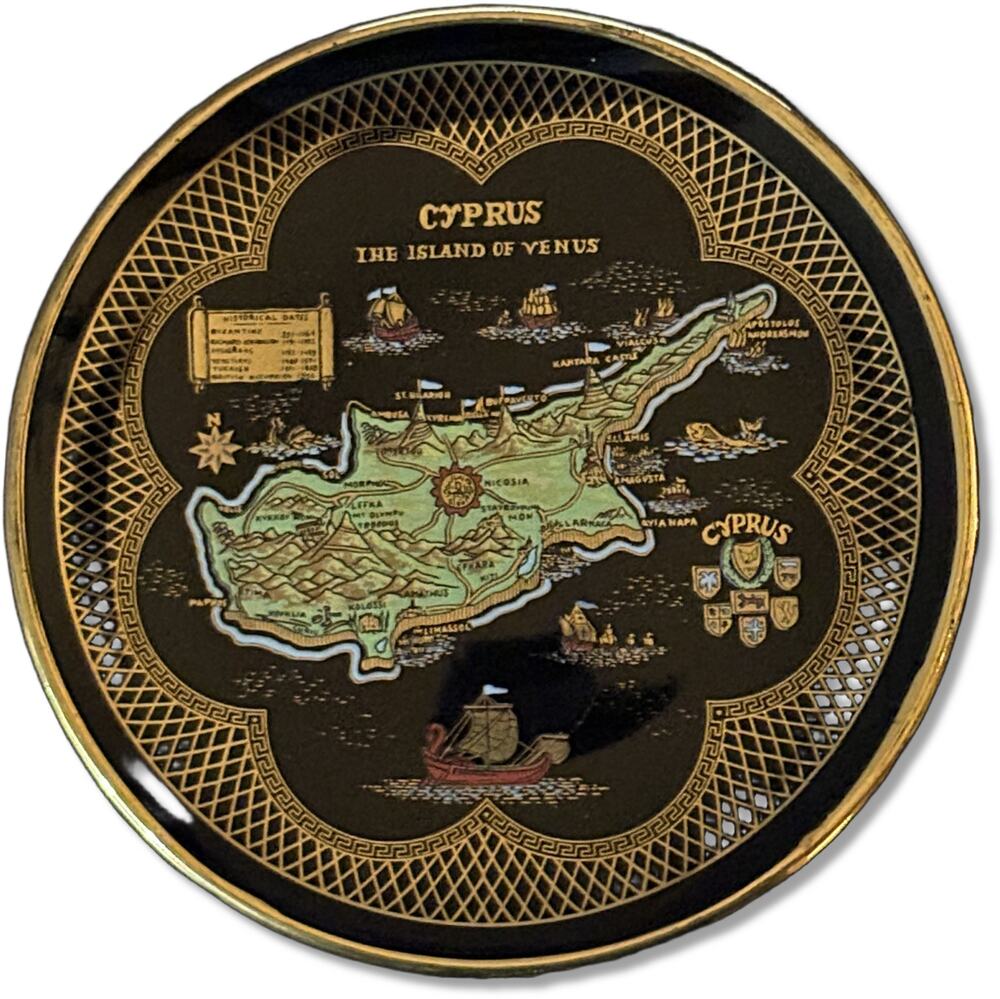 Cyprus "The Island of Venus" Handmade Decorative Plate, 24K Gold, Hellenic EX